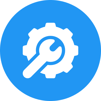 Wrench and gear icon on blue background.