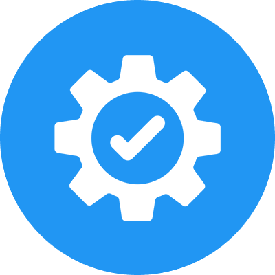 Blue gear icon with check mark.