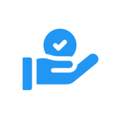 Blue hand icon with check mark.