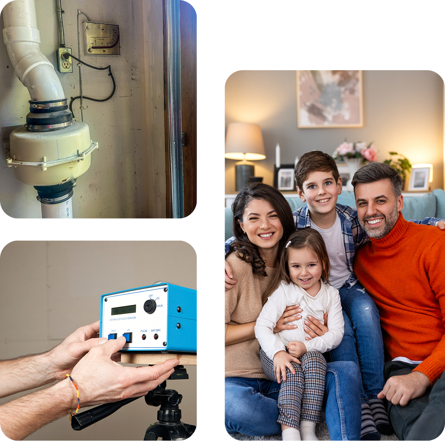 Family smiling with radon testing equipment nearby.