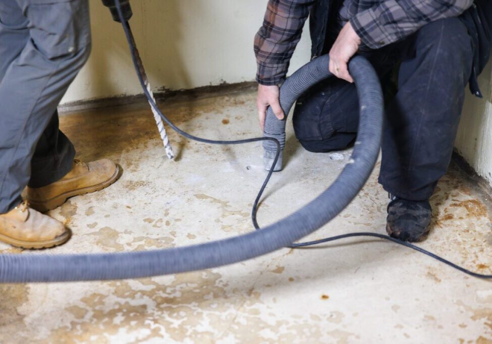 Workers handling large hose on concrete floor.